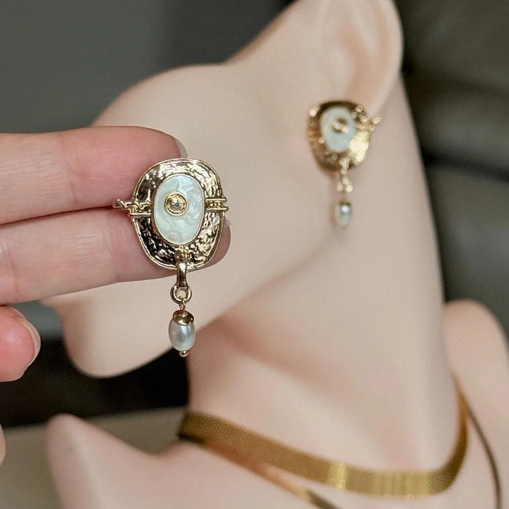 Gold and White Pearl Drop Earrings